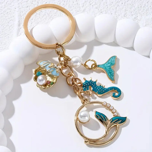 Seahorse + Clam + Pearls + Whale Tails Turquoise Keychain