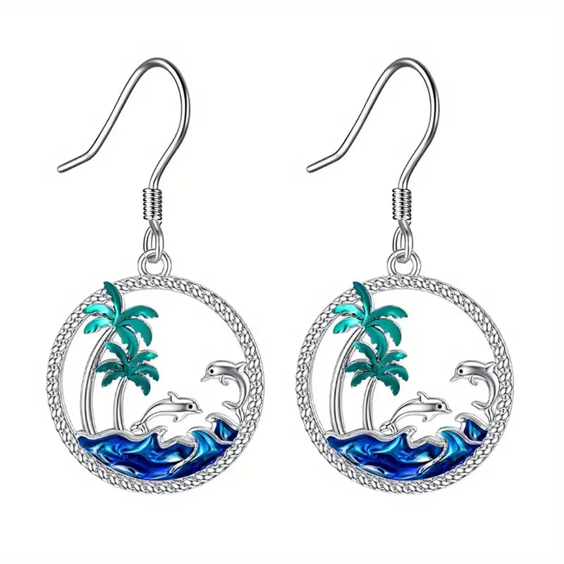 Dolphins + Palm Trees Ocean Scene Earrings