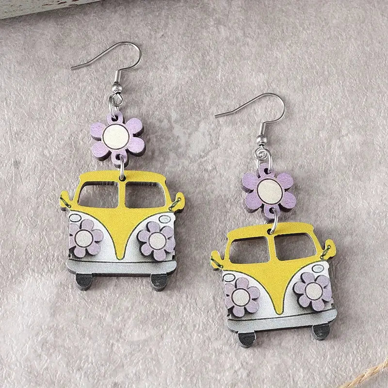 Volkswagen Bus Flower Wooden Vintage Camper Earrings