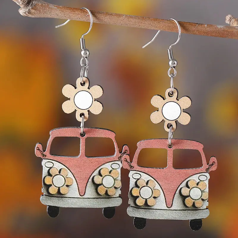 Volkswagen Bus Flower Wooden Vintage Camper Earrings