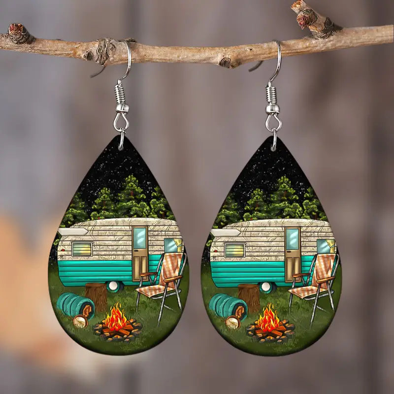 Teardrop Leather Vintage Camper Earrings