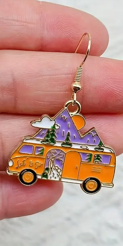 Volkswagen Mountain Scene Metal Camper Earrings