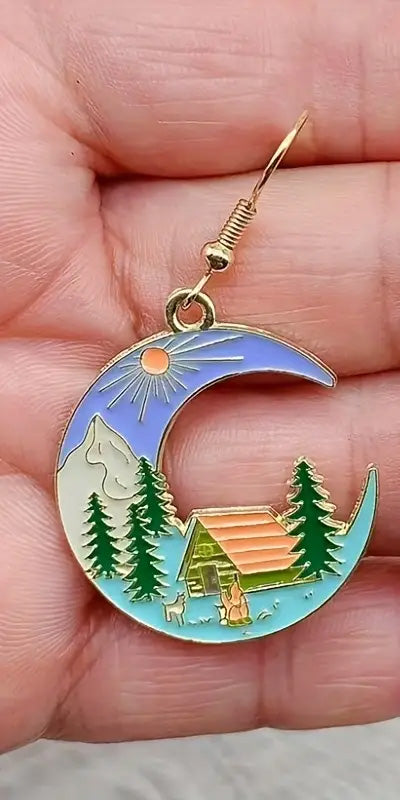 Moon Mountain Scene Metal Camper Earrings