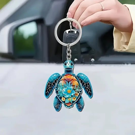 Acrylic Flower Scene Turtle Keychain