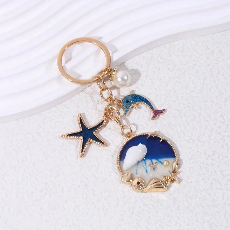 Dolphin + Starfish + Pearl + Shell Scene Keychain