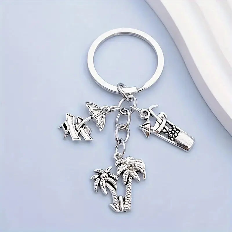 Palm Trees + Drink + Beach Chairs Metal Keychain