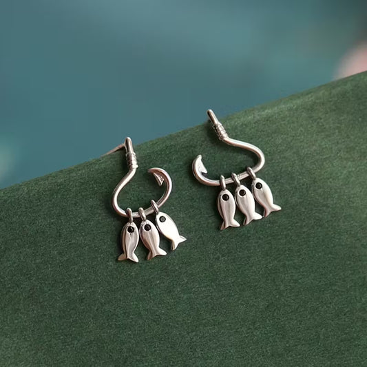 Fish On a Hook Metal Earrings