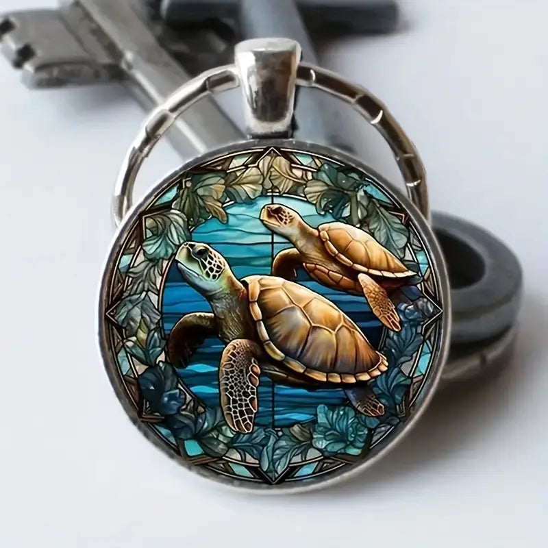 Bubble Stained Glass Turtles Swimming Scene Keychain